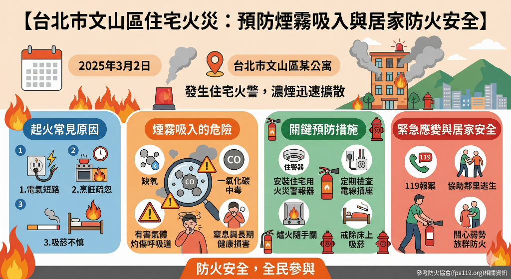 台北文山區火災圖表：詳述起火原因與煙霧吸入風險，宣導安裝住警器、檢查電線等措施，提升居家防火安全與緊急應變意識。