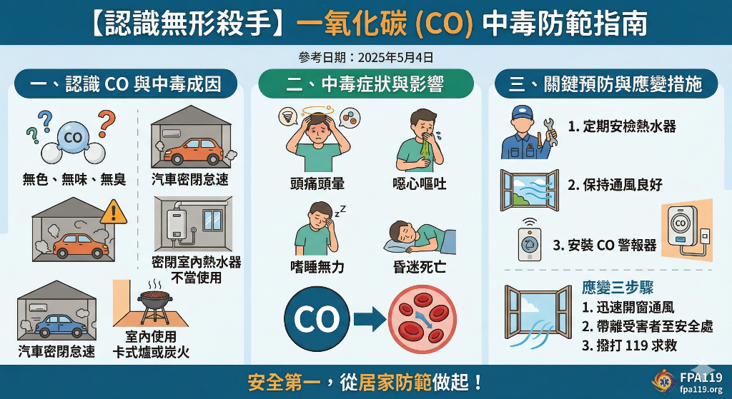 一氧化碳中毒防範指南：說明CO成因與症狀，宣導保持通風、安裝警報器，並列出開窗、移離患者與撥打119等應變三步驟。