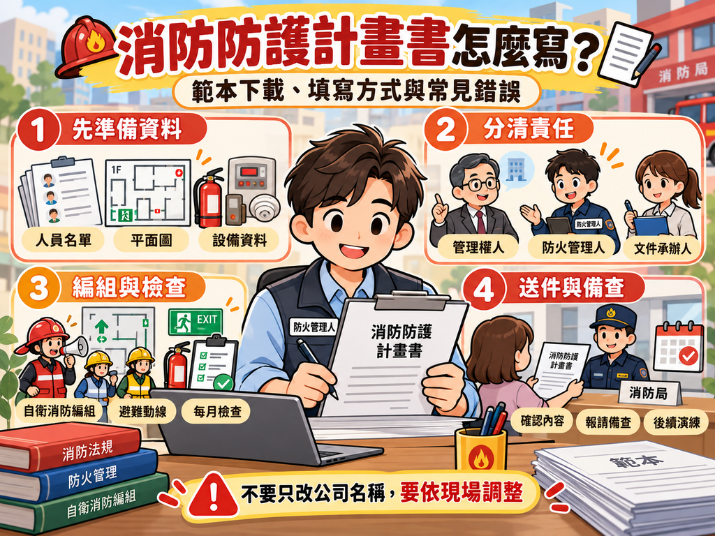 消防防護計畫書撰寫教學圖解,涵蓋準備資料、責任分工、編組檢查到向消防局送件備查的四大完整流程。