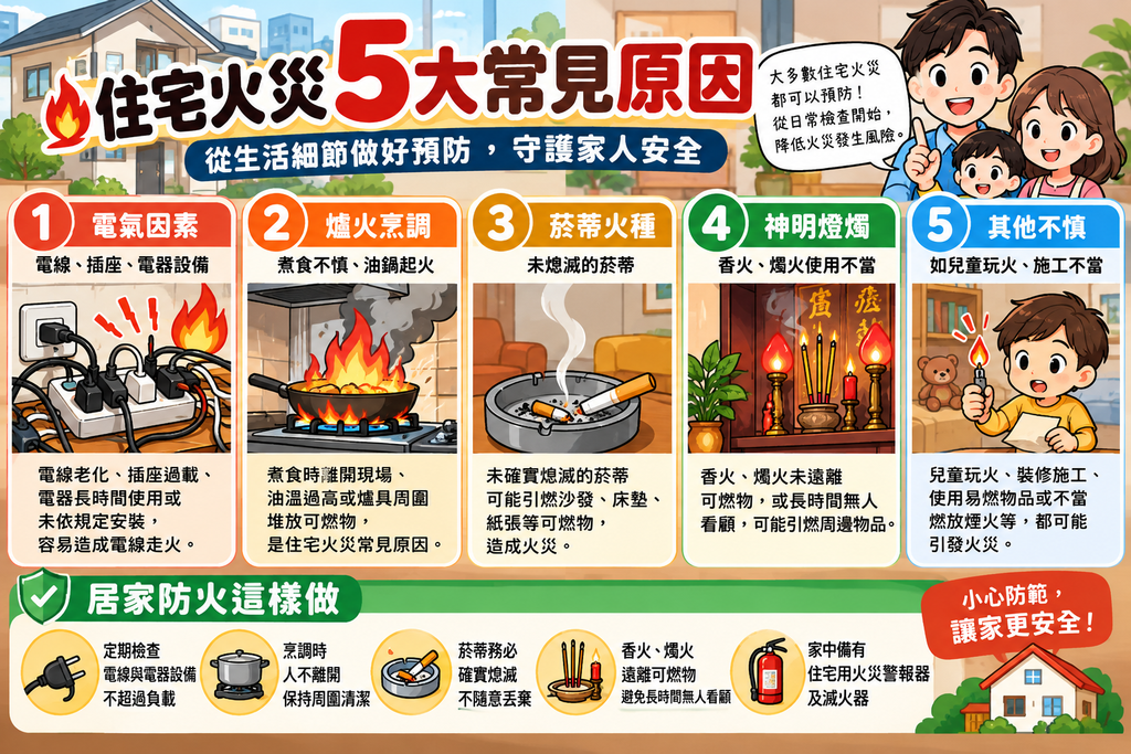 住宅火災常見五大原因圖解：解析電氣走火、爐火烹調、菸蒂、神明燈燭及施工玩火之預防與居家安全要點。