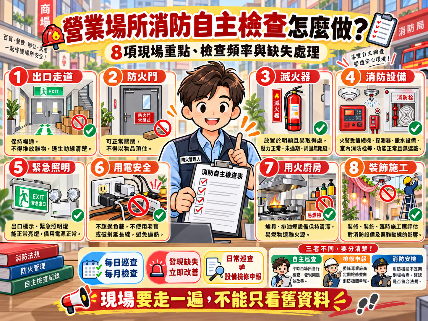 營業場所消防自主檢查圖解指南，涵蓋出口走道、滅火器、用電用火等8項現場重點及巡查頻率說明。