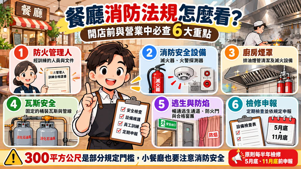 餐廳消防法規指南:圖解防火管理人、廚房煙罩、瓦斯設備、逃生防焰與每半年檢修申報等6大重點。
