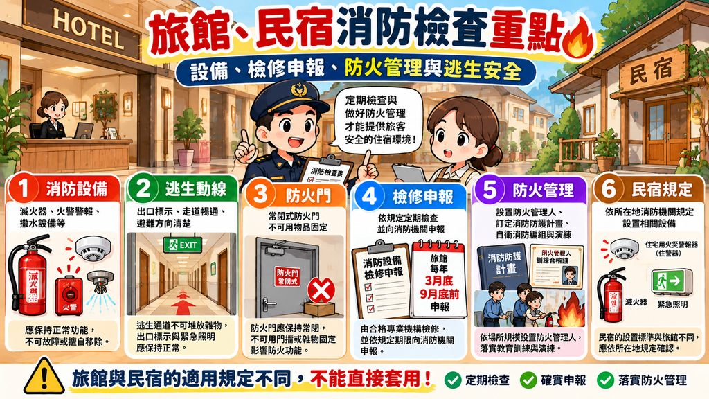 旅館與民宿消防檢查重點圖解:涵蓋消防設備、逃生動線、防火門、檢修申報、防火管理及民宿專屬規定。