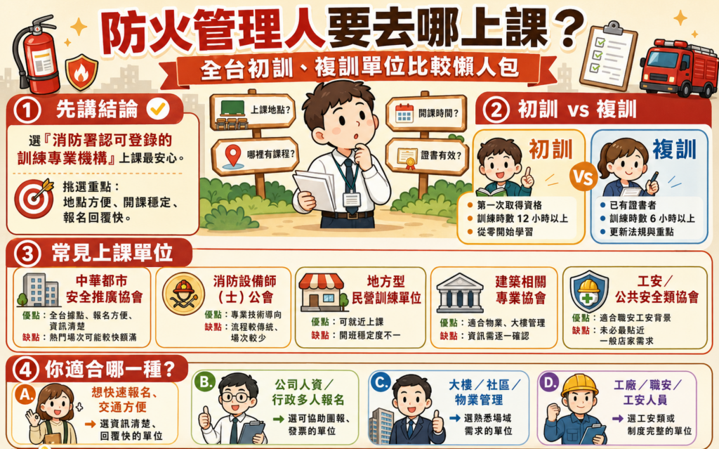 全台防火管理人課程比較指南。中華都市安全推廣協會分析台北至高雄初訓複訓場次，協助學員快速選擇合適受訓單位