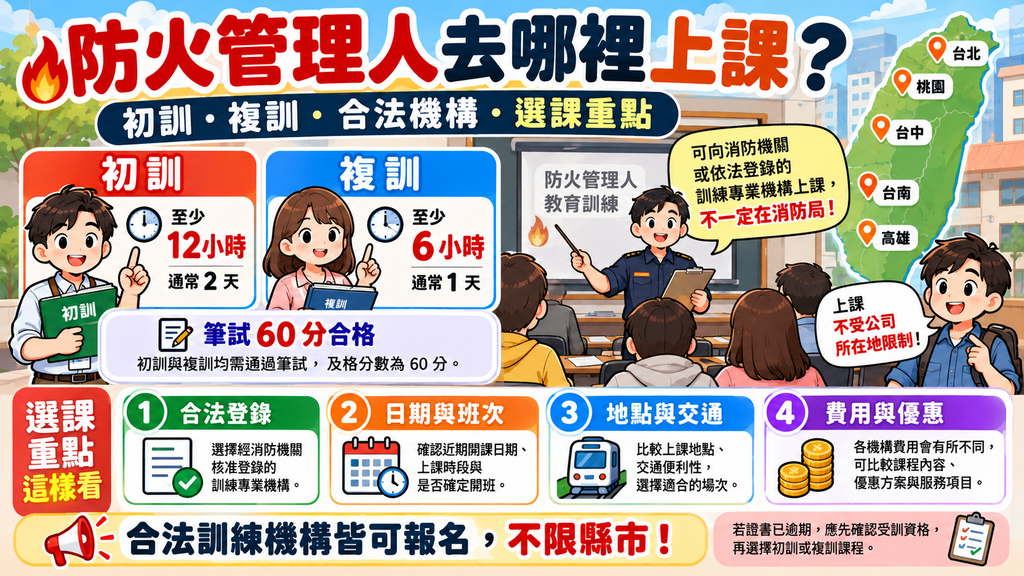防火管理人去哪裡上課指南:比較初訓與複訓時數、筆試及格標準,並提供合法機構選課4大重點。