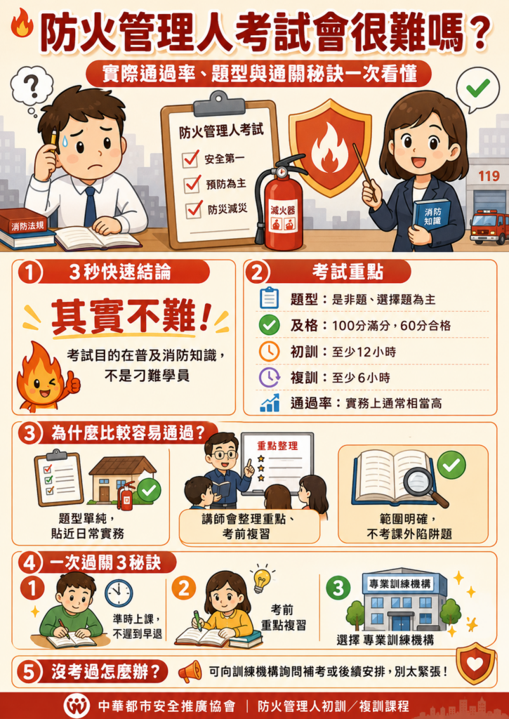 防火管理人初訓與複訓時數、題型及格標準對比圖表,解析是非題與選擇題等防火管理人題庫來源