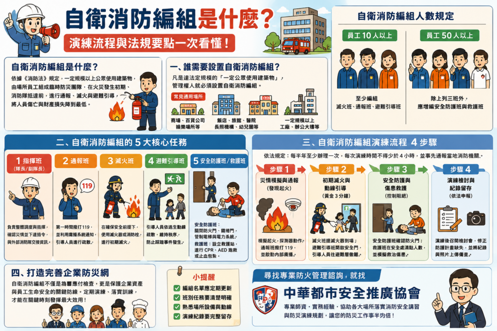 自衛消防編組五大核心任務班別與架構圖,包含指揮班、通報班、滅火班與避難引導流程說明