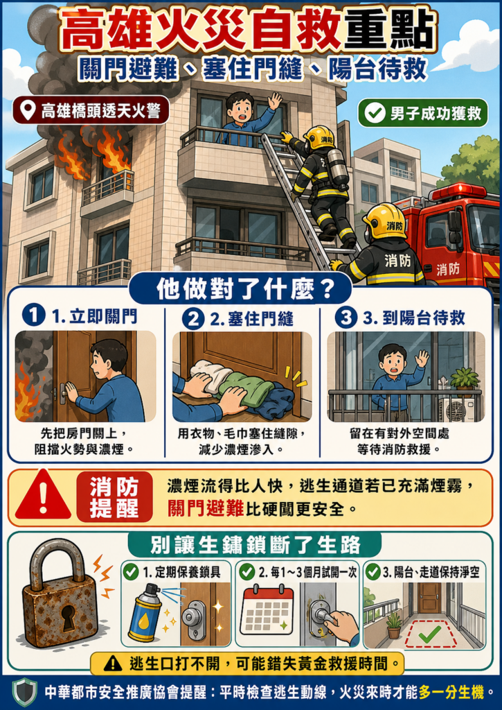 圖片展示高雄火災受困者機警關門並塞衣物阻絕煙霧,強調防火管理人宣導火場避難與鎖具檢查之重要。