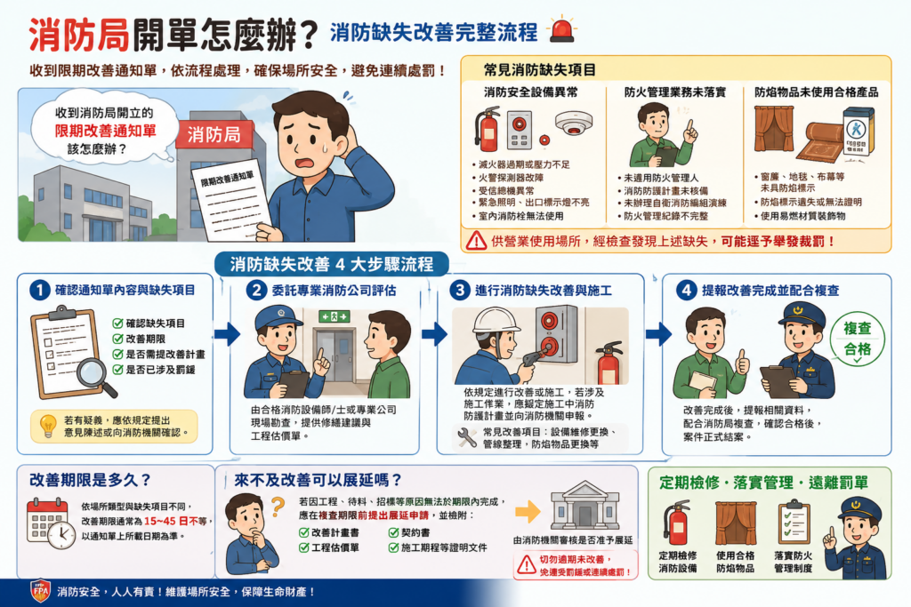 被消防局開單後的消防缺失改善完整流程圖，協助企業主快速掌握改善步驟，順利通過消防安檢