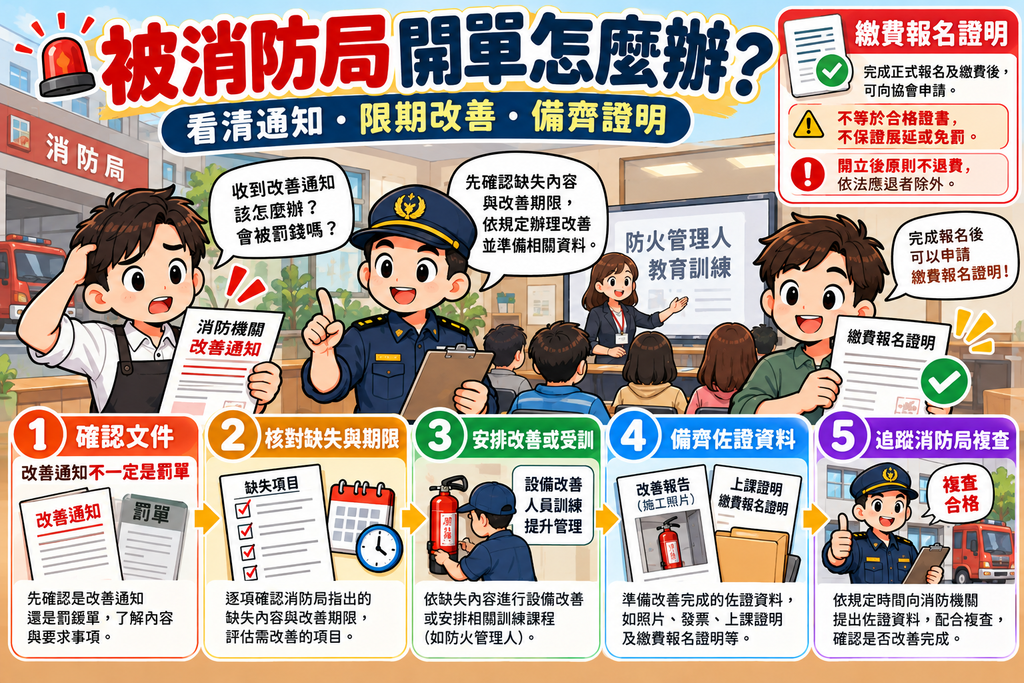被消防局開單怎麼辦?圖解確認文件、核對缺失期限、安排改善受訓、備齊佐證到配合複查的五大步驟。