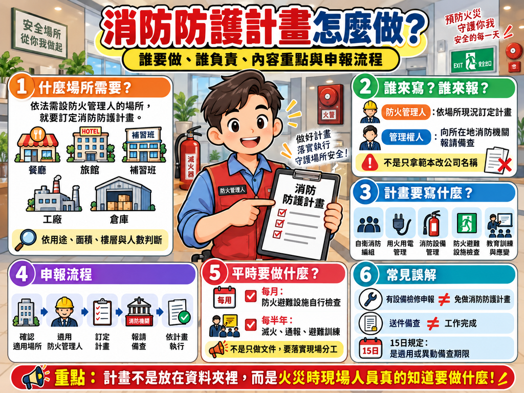 消防防護計畫全攻略圖解：涵蓋適用場所、權責劃分、內容重點、申報流程、平時維護與常見誤解解析。
