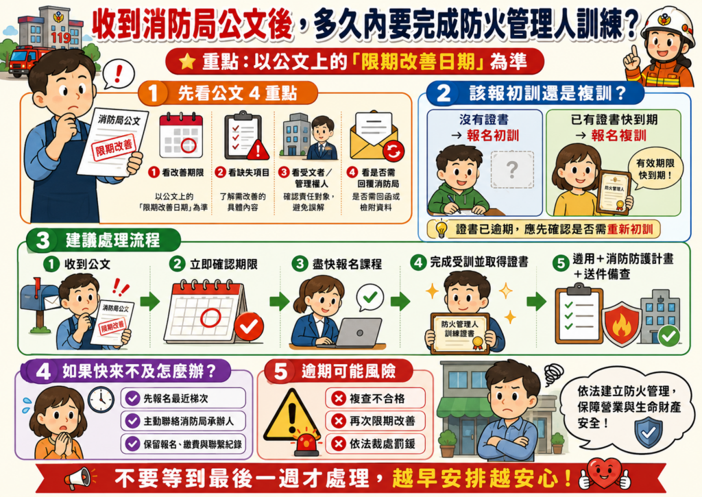 收到消防局公文要求遴用防火管理人時的限期改善流程圖,提醒民眾注意公文期限並盡快安排報名訓練