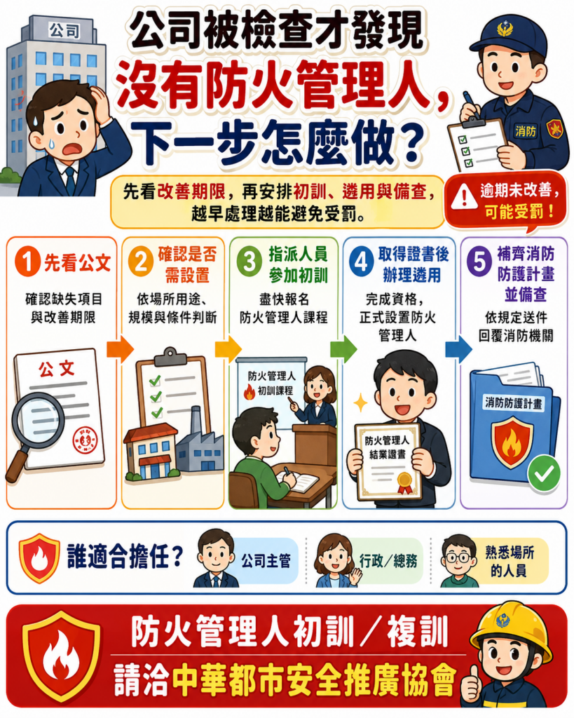 消防檢查發現無防火管理人後的補救流程圖:包含確認公文期限、指派人員初訓、取得證書、遴用及防護計畫備查。