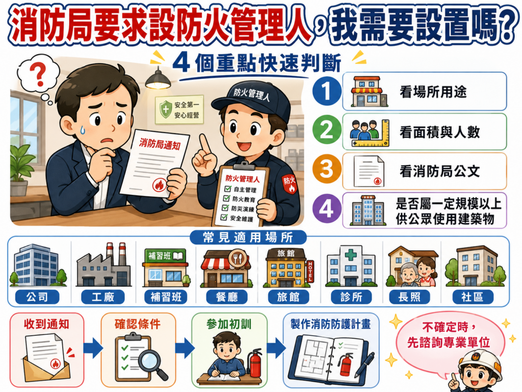 圖中呈現消防局公文與建築物外觀,說明如何判斷場所用途與面積是否需依法設置防火管理人