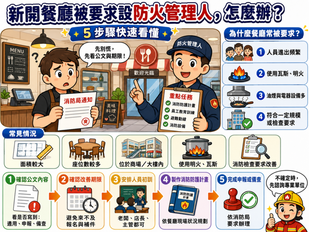 餐廳樓地板面積達三百平方公尺之規範圖表,清楚標示達此規模以上必須設置防火管理人之法定條件