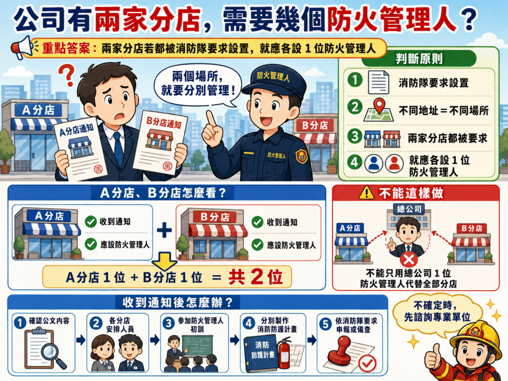 兩家分店各自獨立管理之說明圖,強調不論連鎖或分店,皆需符合消防法規之防火管理人指派資格