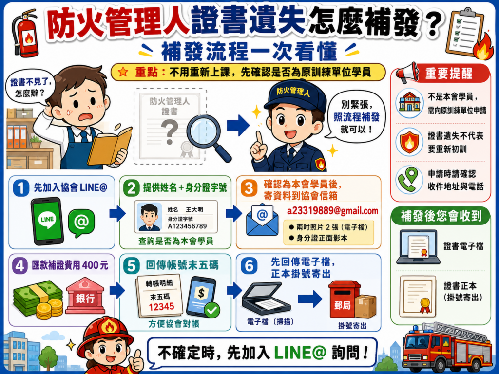 詳盡的防火管理人證書補發流程圖,從提出申請、文件審查、繳納規費到最後新舊證書遞補發放