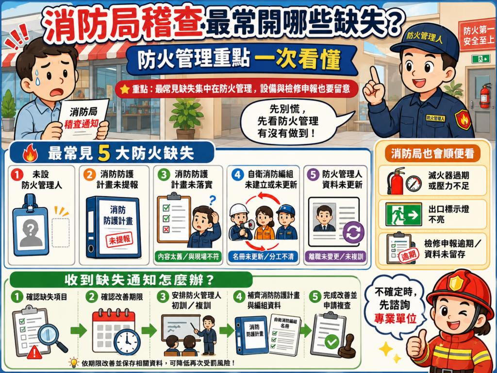 消防局同仁至商業場所進行消防安全檢查之實況,引出文章針對常見消防稽查缺失與違規項目之探討