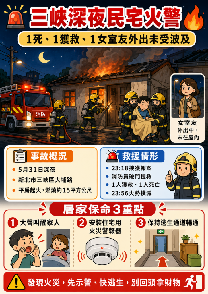 新北市三峽區大埔路平房深夜民宅火警事故現場,宣導暗夜火災逃生首要關鍵為大喊叫醒屋內熟睡室友