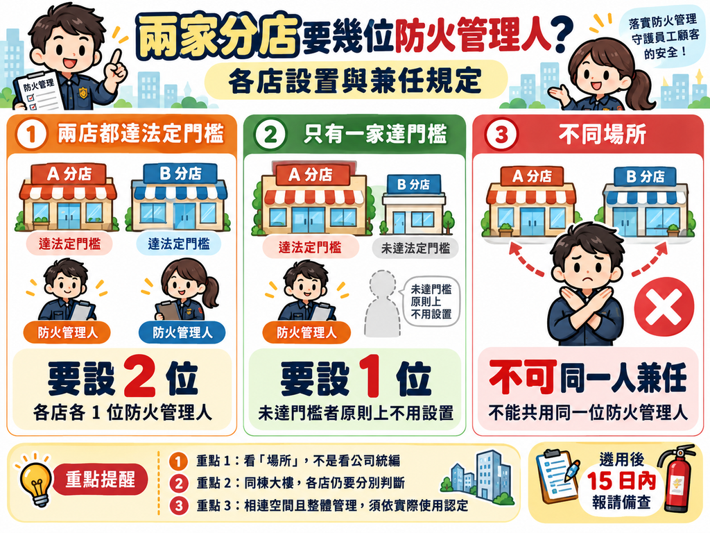 兩家分店防火管理人設置規定圖解,說明達法定門檻須各設1位、不可兼任,並於遴用後15日內報請備查。