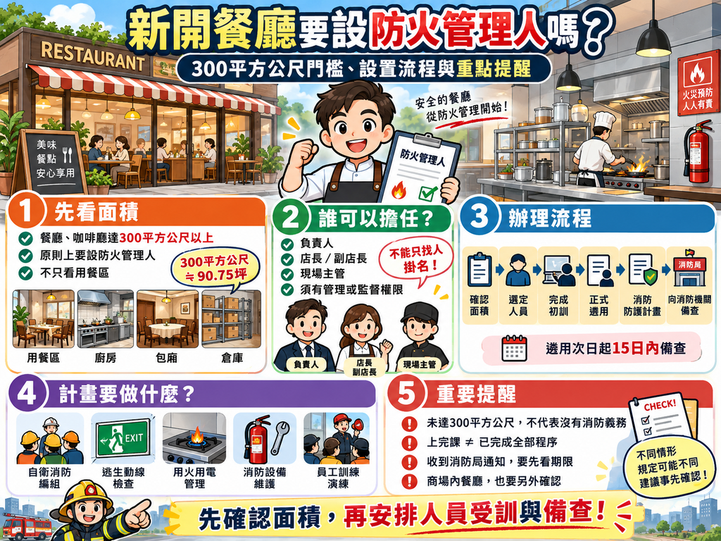 新開餐廳防火管理指南:圖解300平方公尺門檻、人員資格、辦理流程、防護計畫與消防備查重點提醒。