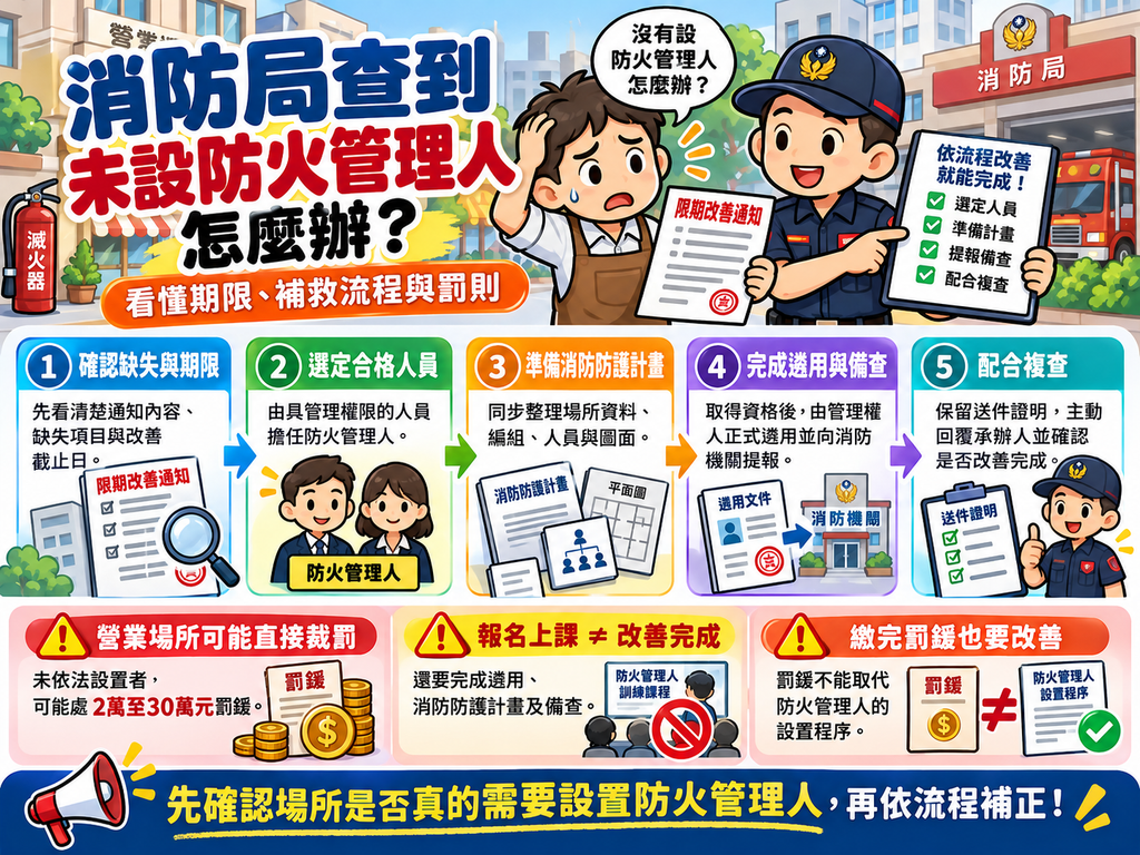 消防局查到未設防火管理人改善指南：圖解確認期限、選定人員、撰寫計畫、送件備查與配合複查流程。