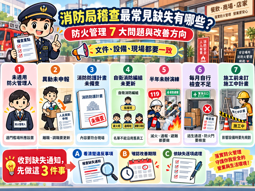 消防局稽查常見7大缺失圖解,涵蓋未遴用、未備查、演練不足與施工計畫等問題,及收到缺失的改善步驟。