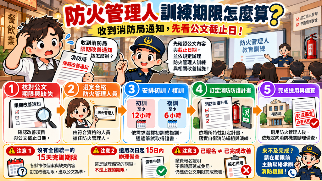 防火管理人訓練期限攻略:圖解核對公文、選定人員、安排初複訓、訂定防護計畫到送件備查的5大步驟。