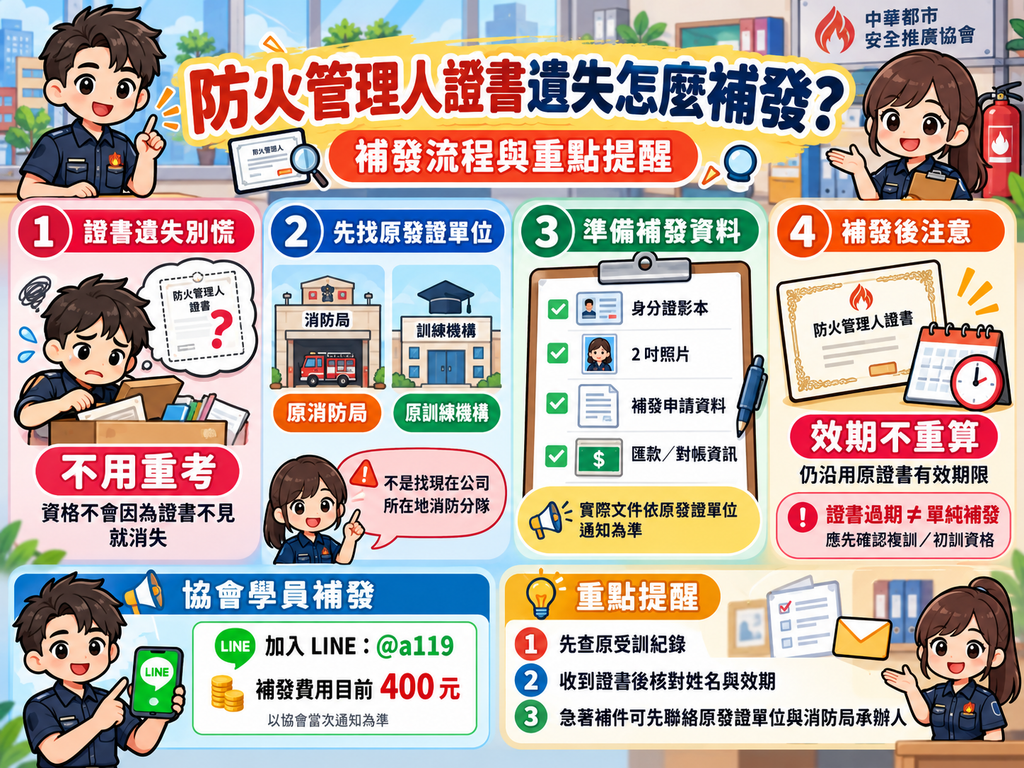 防火管理人證書遺失補發流程圖,說明不用重考、聯絡原發證單位、準備資料及效期不重算等注意事項。
