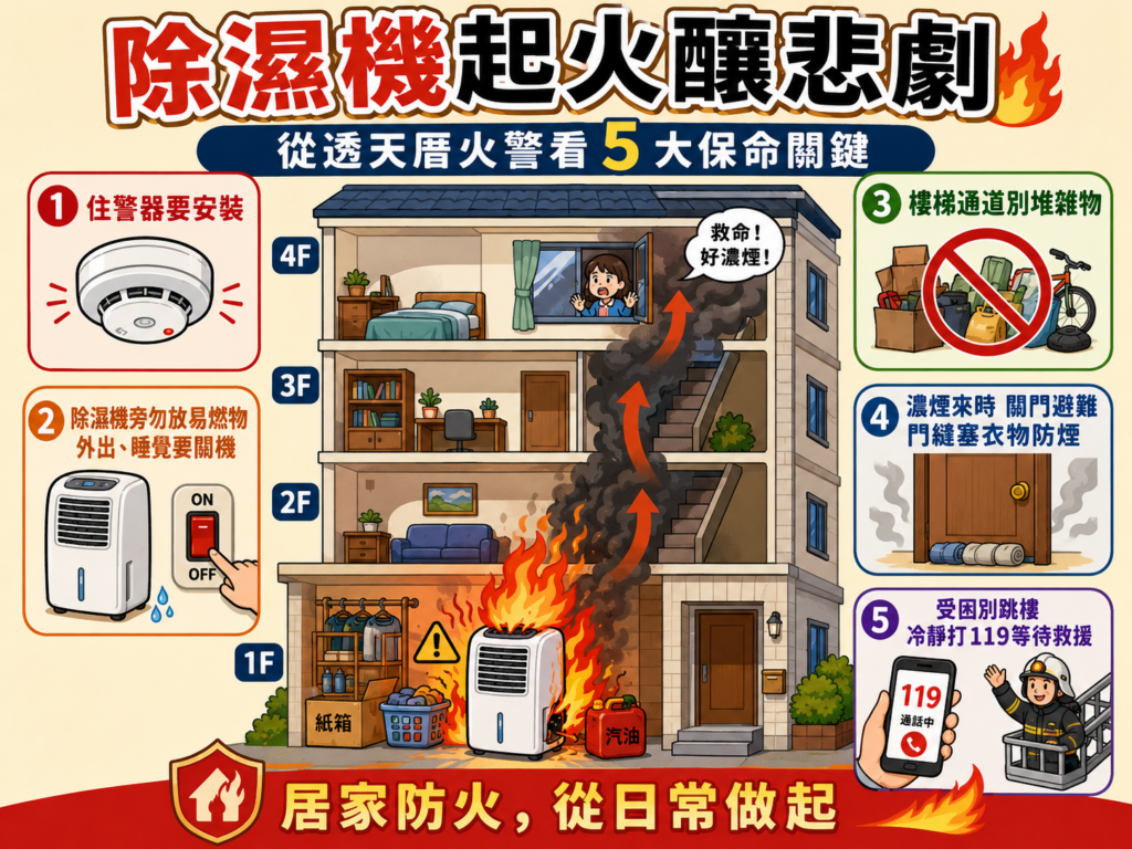 透天厝除濕機火災奪命!圖片解析未裝住警器、雜物堆積等5大致命疏失,提醒民眾落實居家消防安全檢查。