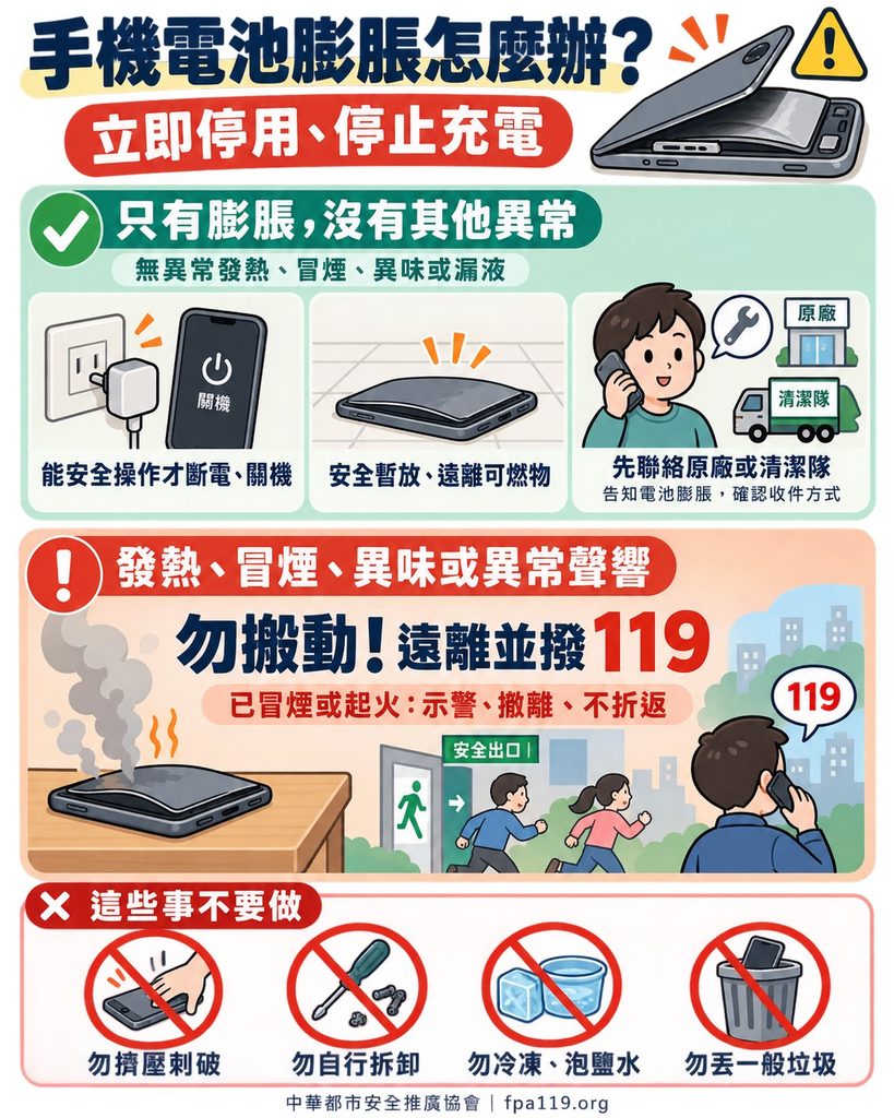 手機電池膨脹處理圖解:停用斷電、安全暫放聯絡原廠;若冒煙發熱勿搬動速撥119,切勿刺破或丟垃圾桶。