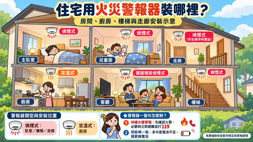 住宅用火災警報器安裝位置圖解，標示臥室、走廊與樓梯裝偵煙式，廚房裝定溫式，並說明警報處理方式。