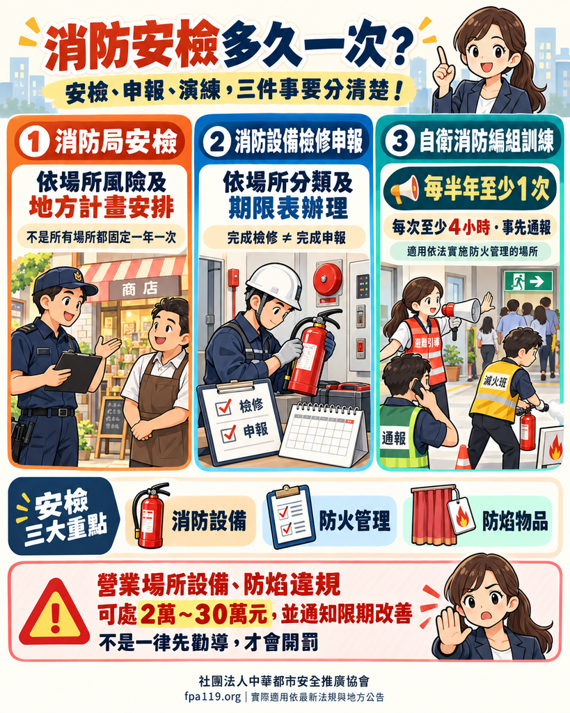 說明消防局安檢、檢修申報與自衛消防編組訓練頻率，列出設備、防火與防焰三大重點及違規罰則圖解