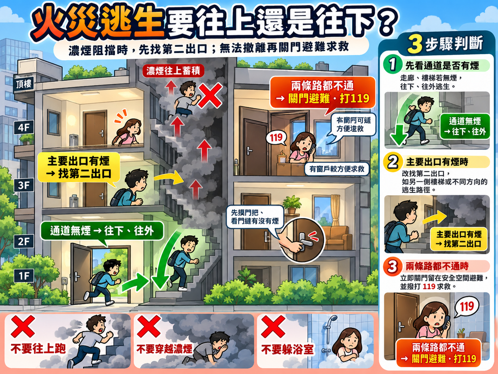 火災逃生往上還是往下判斷圖：通道無煙往下逃、遇濃煙找第二出口、受阻則關門避難並打119求救。