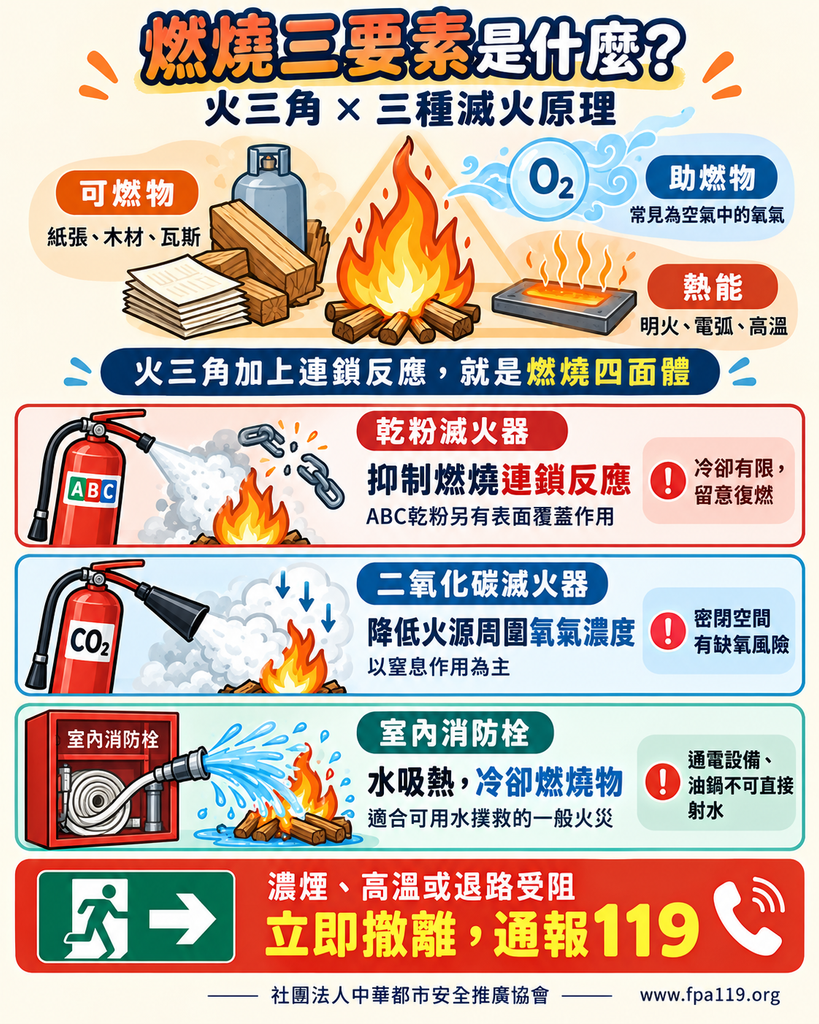 燃燒三要素火三角圖解：包含可燃物、助燃物與熱能，並介紹乾粉滅火器、二氧化碳滅火器及室內消防栓的滅火原理。