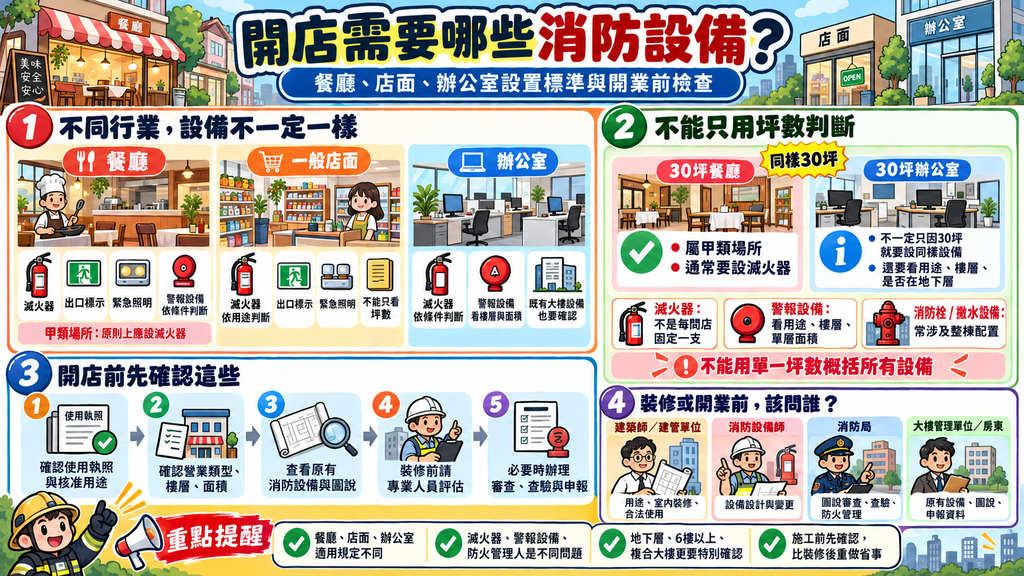 開店消防設備設置標準圖解,說明餐廳、店面與辦公室設備差異、開業前確認流程及諮詢專業單位指南。