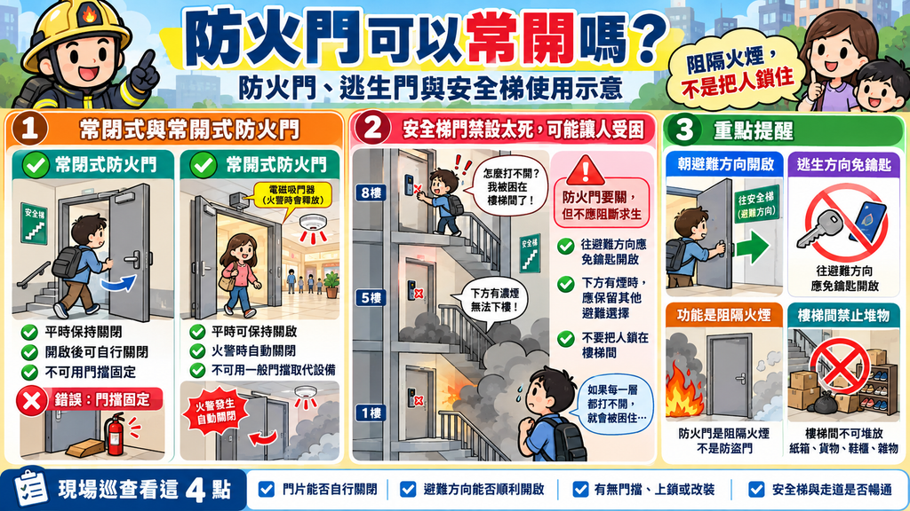 防火門與安全梯使用圖解，說明常閉式及常開式差異、逃生方向免用鑰匙、嚴禁門擋固定與堆放雜物。
