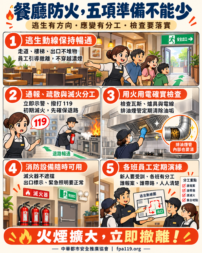 餐廳防火五大重點卡通圖，涵蓋逃生引導、通報滅火、用火用電檢查、油垢清潔、設備維護與員工演練。